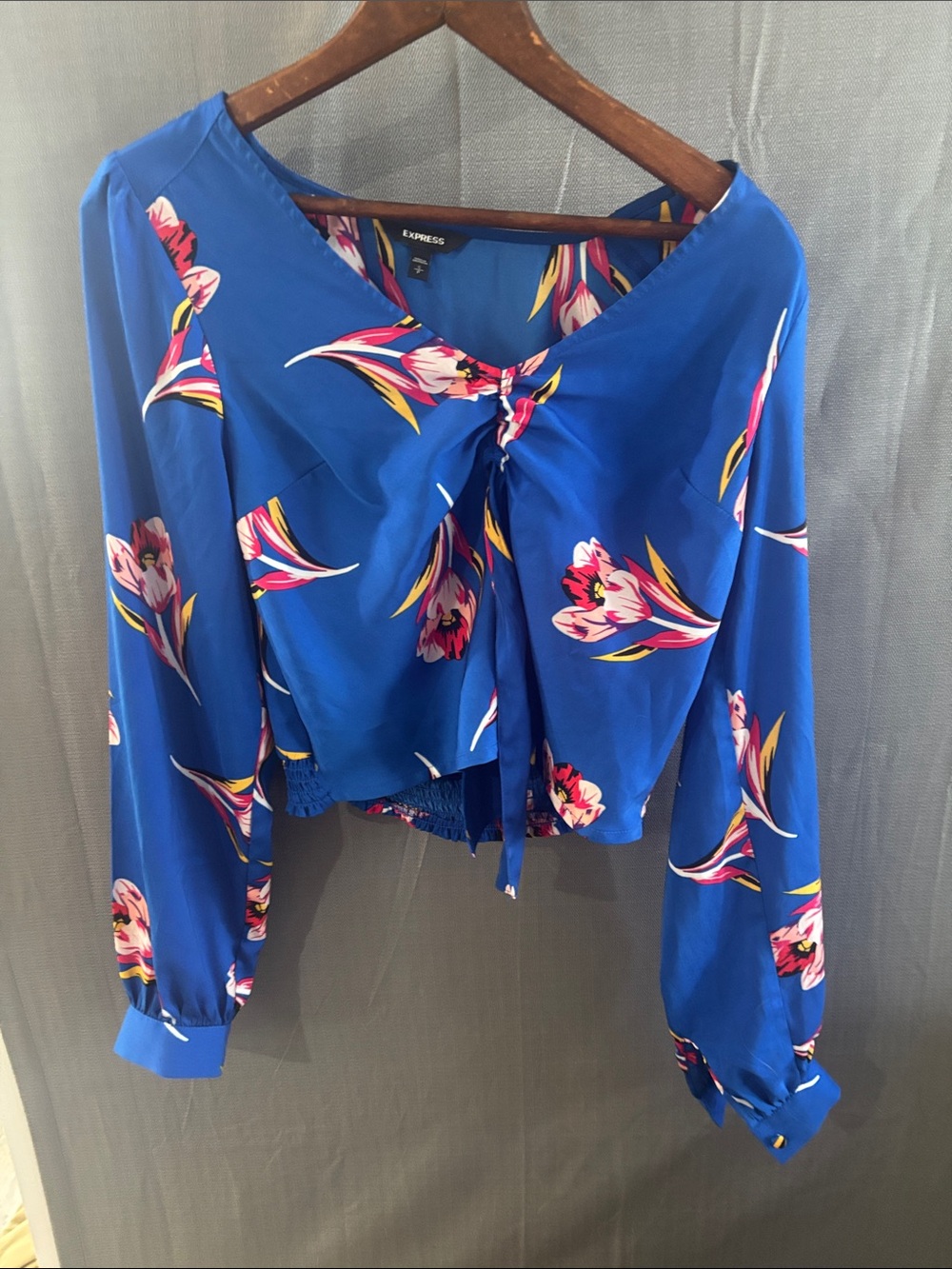 Express Royal Blue Floral Tie-Front Blouse